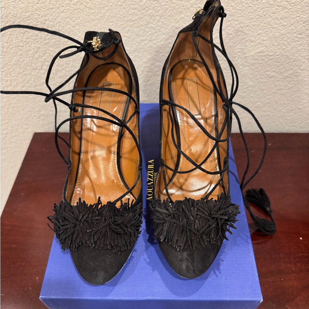 Aquazzura Black Suede Fringe Wild Thing Pumps Lace Up Heels 85mm size 40.5